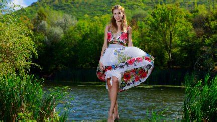 Women Long Hair Brunette Aileen Barefoot Dress Lake Water