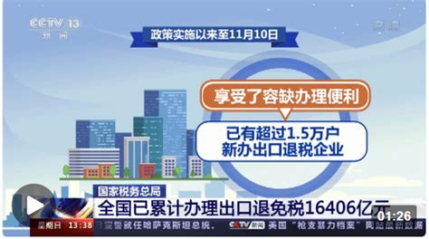 国家税务总局：今年全国已累计办理出口退免税16406亿元企业退税部门