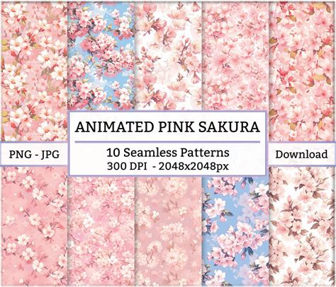 10x Animated Pink Sakura Seamless Pattern Set 10 Designs Digital Fabric