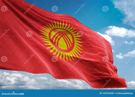 Kyrgyzstan National Flag Waving Blue Sky Background Realistic D