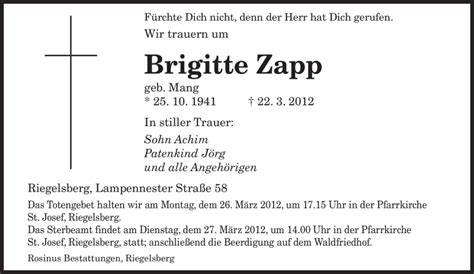 Traueranzeigen Von Brigitte Zapp Saarbruecker Zeitung Trauer De