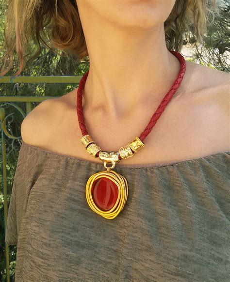 Red Pendant Necklace Leather Necklace For Women Gold Beaded Etsy