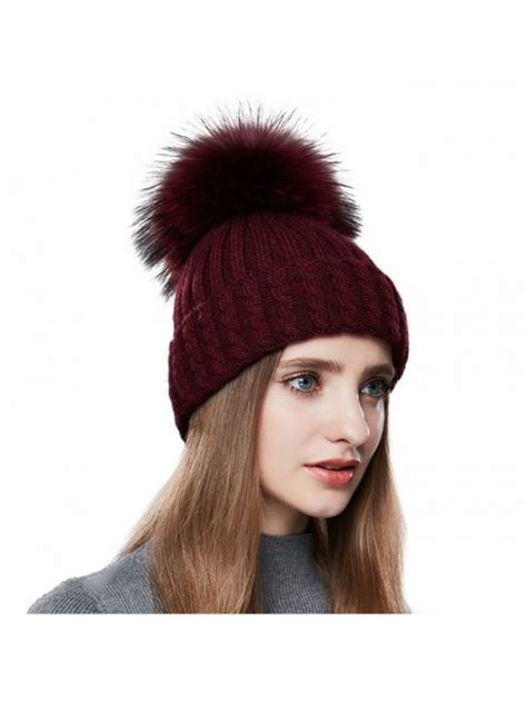 Winter Fur Pom Pom Beanie For Women Real Fox Fur Knit Beanies For Girls