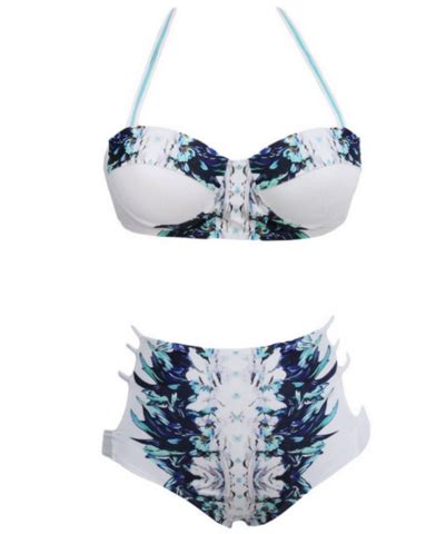 White Print High Waist Hollow Two Piece Bikini On Luulla
