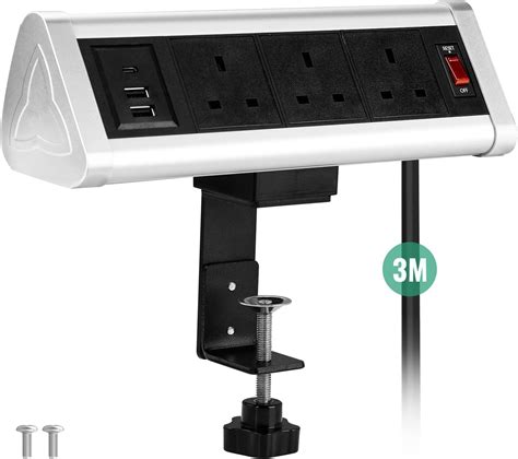 Desk Power Socket With USB C 3M Extension Lead 3 Way Plug And 3 USB