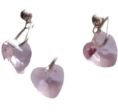 Juego De Aretes Y Dije En Plata Con Corazones De Cristal Rosado