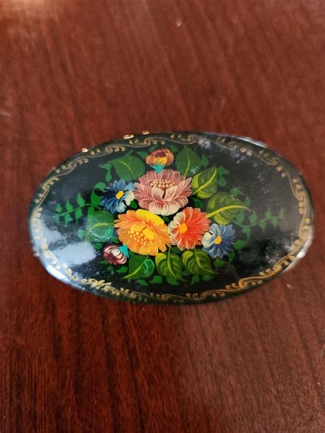 Russian Black Lacquer Hand Painted Brooch Pin Painte Gem