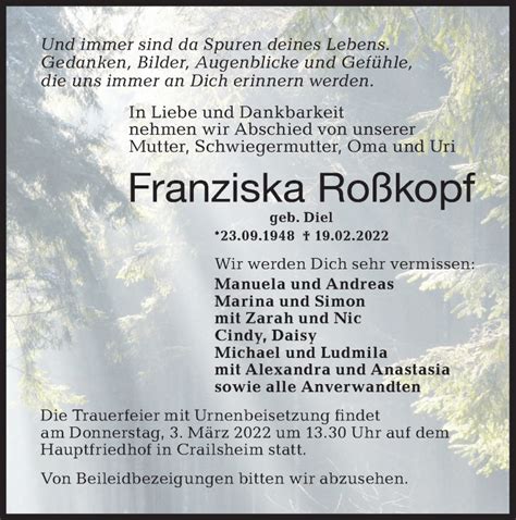 Traueranzeigen von Franziska Roßkopf Südwest Presse Trauer