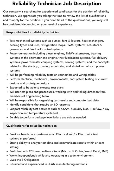 Reliability Technician Job Description Velvet Jobs