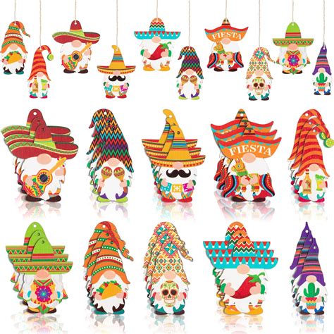 Haooryx 31pcs Mexica Fiesta Gnome Wooden Ornaments Hanging Decoration