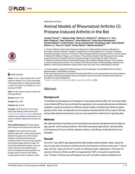 (PDF) Animal Models of Rheumatoid Arthritis (I): Pristane-Induced ...