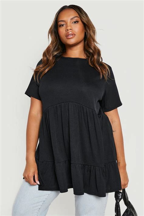 Womens Black Plus Rib Tiered Smock Top Boohoo Uk