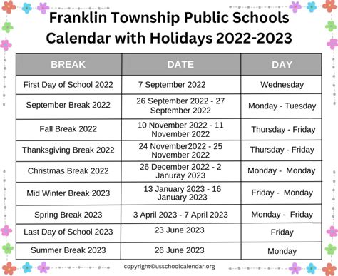 Franklin Township Public Schools Calendar 2022 - US School Calendar