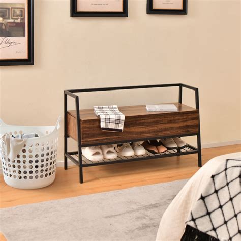 Industrial Shoe Bench with Storage Space and Metal Handrail - Costway