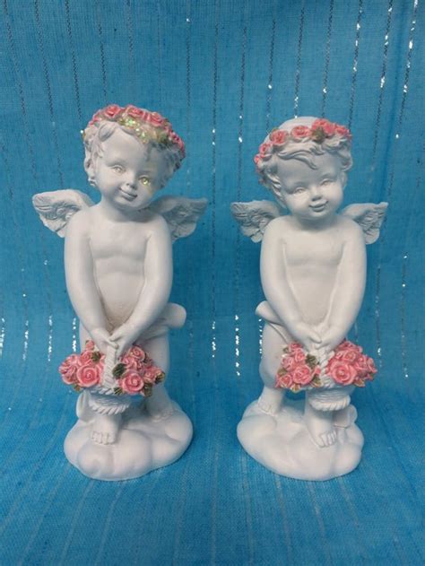 Pair Of Guardian Angel Figurine Cherubs With Flowers Statue Etsy