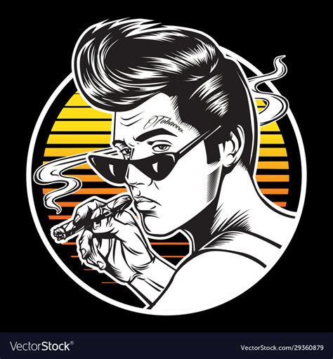 Man Sunset Smoke Cigar Tattoo Vintage Royalty Free Vector