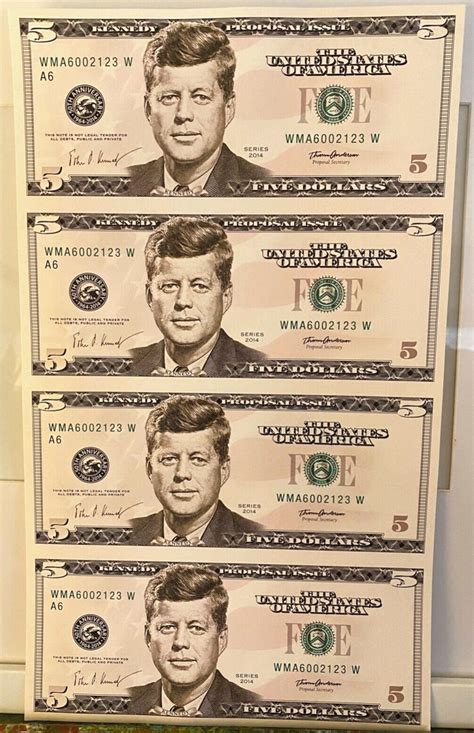 John F Kennedy Memorial Currency Note Novelty Sheet Colorized Us