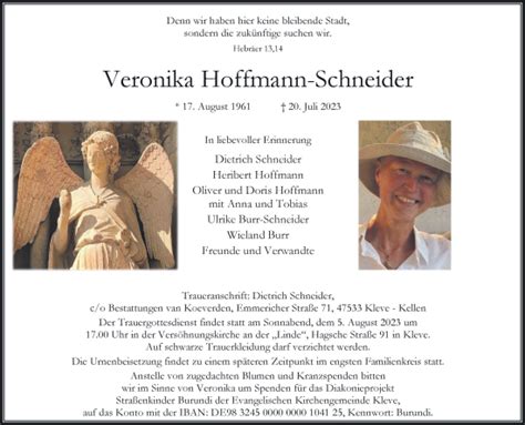 Traueranzeigen Von Veronika Hoffmann Schneider Niederrhein