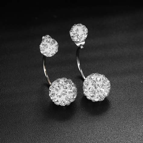 Genenic Silver Plated Double Beads Crystal Ball Stud Earrings Women