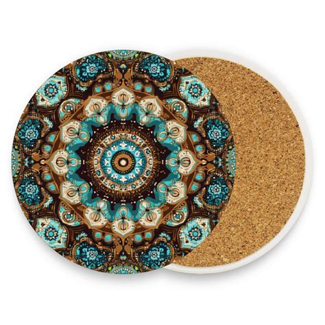 Qxltty Two Pcs Drink Coasters Traditional Boho Pattern Ceramic Round