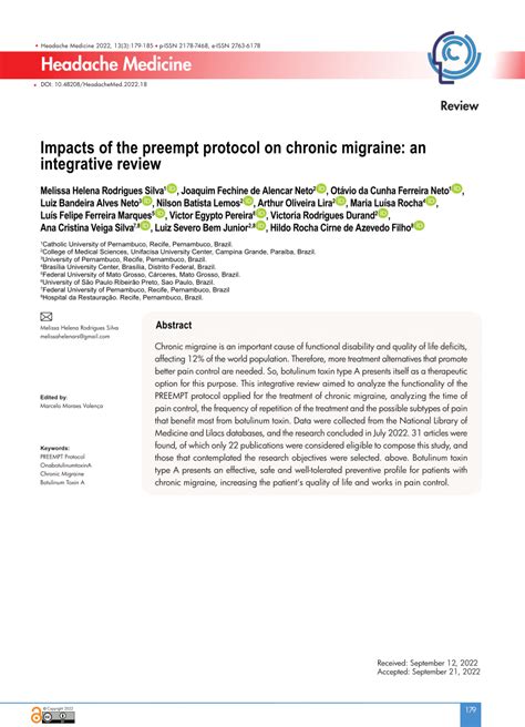 Pdf Impacts Of The Preempt Protocol On Chronic Migraine An Integrative Review