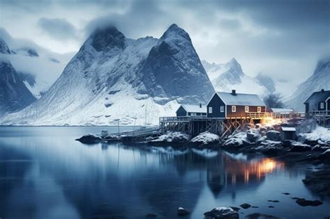 Premium AI Image | A cabin on a snowy mountain lake at night