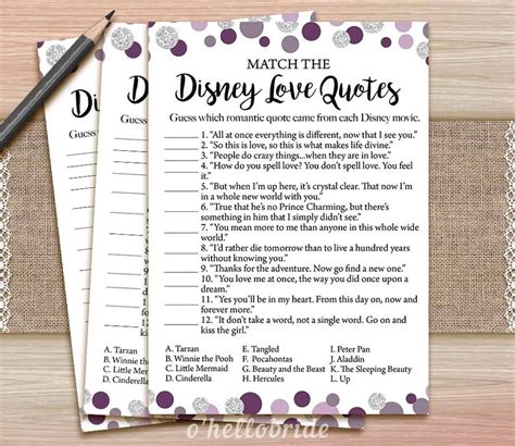 Printable Purple Bridal Shower Games Match The Disney Love Etsy