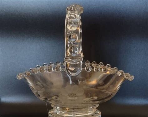 Vintage Hughes Corn Flower Hand Cut Crystal Imperial Candlewick Basket 400273 With Beaded