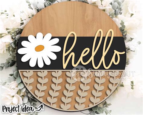 Hello Daisy Flower Vine Sign Round Door Hanger Svg Glowforge Laser File