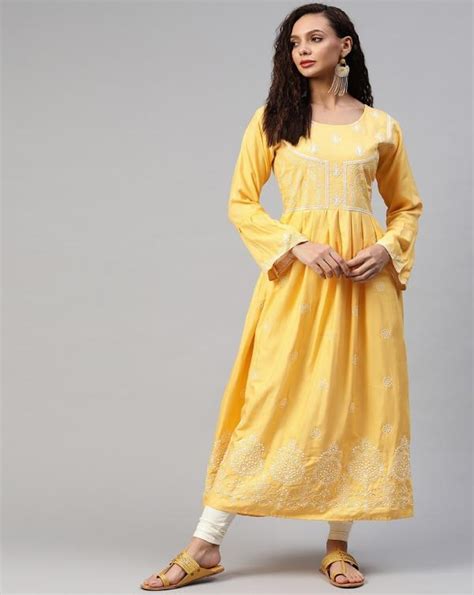 Aarika Women S Yellow Color Embroidery Work Flaired Kurti Jiomart