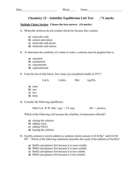 Chemistry 12 Solubility Equilibrium Unit Test