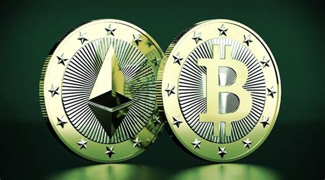 Two Gold Bitcoins With Green Background And Stars On The Sides One Has