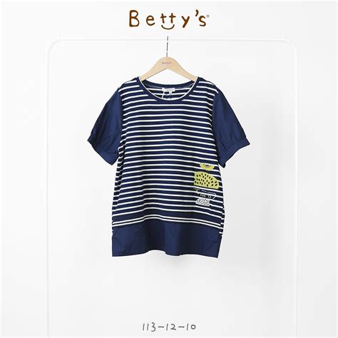 Betty’s貝蒂思 水果繡花條紋假兩件t Shirt 深藍 短袖 Yahoo奇摩購物中心