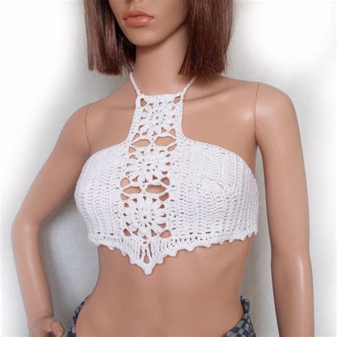 White Crochet Bikini Top Festival Halter Bralette Lace Etsy