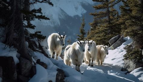 Un Grupo De Cabras Montesas Se Paran En La Nieve Foto Premium