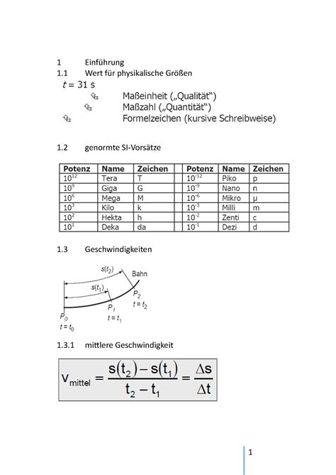 Formelsammlung Physik 1 Einführung 1 Wert Für Physikalische Größen 1