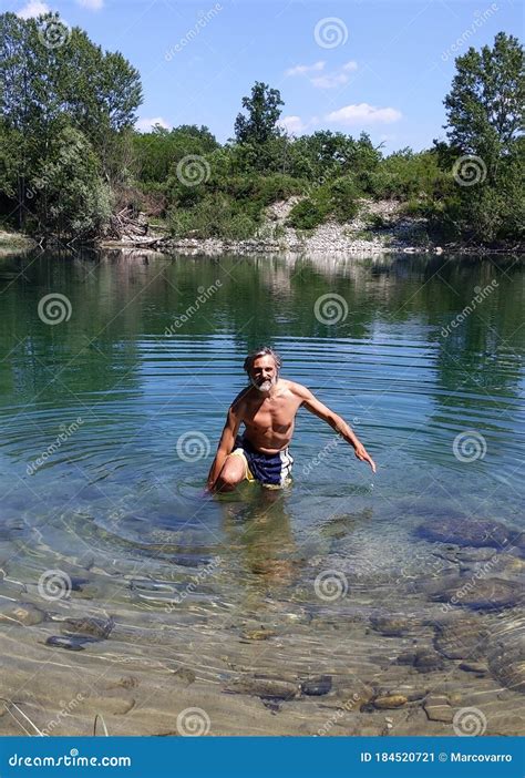 Mature Caucasian Man Bathing In The River Stock Image Image Of Bath