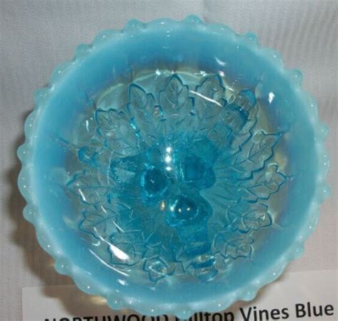 Antique Northwood Hilltop Vine Blue Opalescent Glass Footed Compote Dish Bowl Ebay