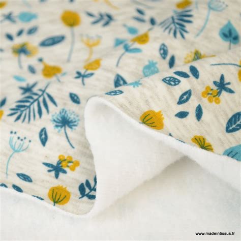 Tissu Sweat Fleurs Turquoise Et Fleurs Envers Minky