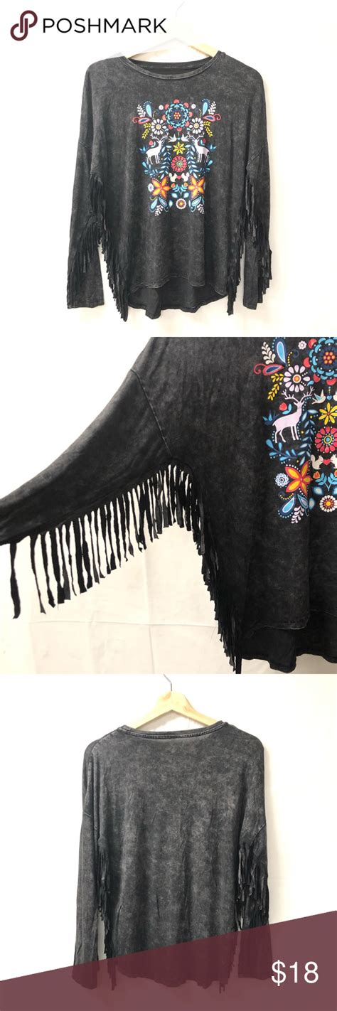 Xhilaration Large Boho Fringe Washed Black Top Black Tops