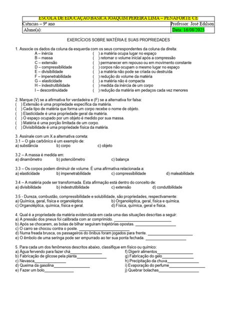Exercícios sobre Propriedades da Matéria | PDF | Matéria | Metais