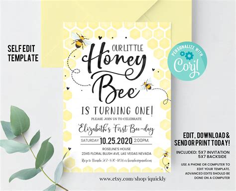 Editable Bee Birthday Invitation Honey Bee Birthday Party Bee Etsy