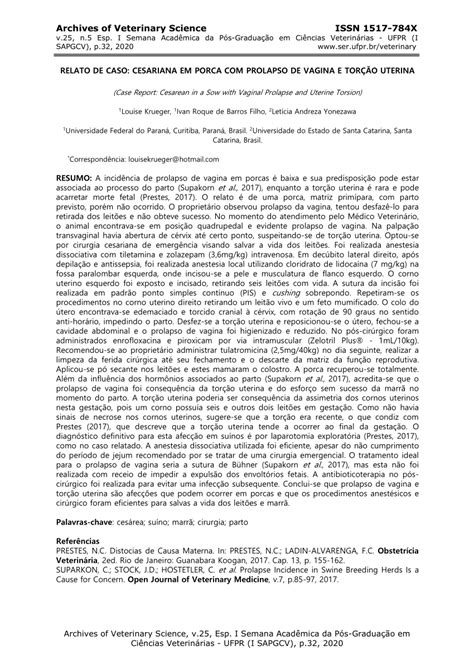 Pdf Relato De Caso Cesariana Em Porca Prolapso De Vagina E Tor O Uterina