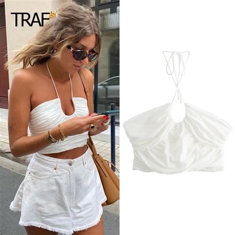 TRAF Crop U Shaped Tank Vest Women S Tank Top Spring Summer 2024 Ruffle