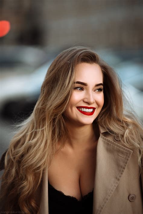 Women Model Ivan Proskurin Red Lipstick Smiling Long Hair Blonde