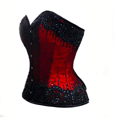 Red Hand Beaded Silk Over Bust Corset With Lace Overlay Corsets And