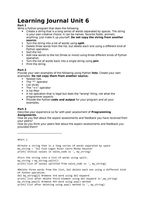 Learning Journal Unit 6 Programming Fundamentals CS1101 Learning