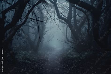 Misty Forest Path With Ethereal Glow Of Ghostly Apparitions Leading