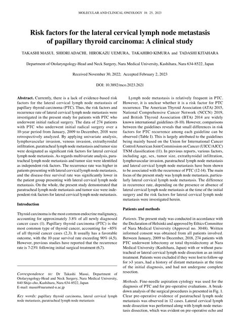 Pdf Risk Factors For The Lateral Cervical Lymph Node Metastasis Of Papillary Thyroid Carcinoma