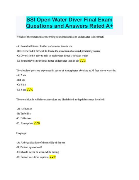 Ssi Open Water Diver Final Exam Questions And Answers Rated A In